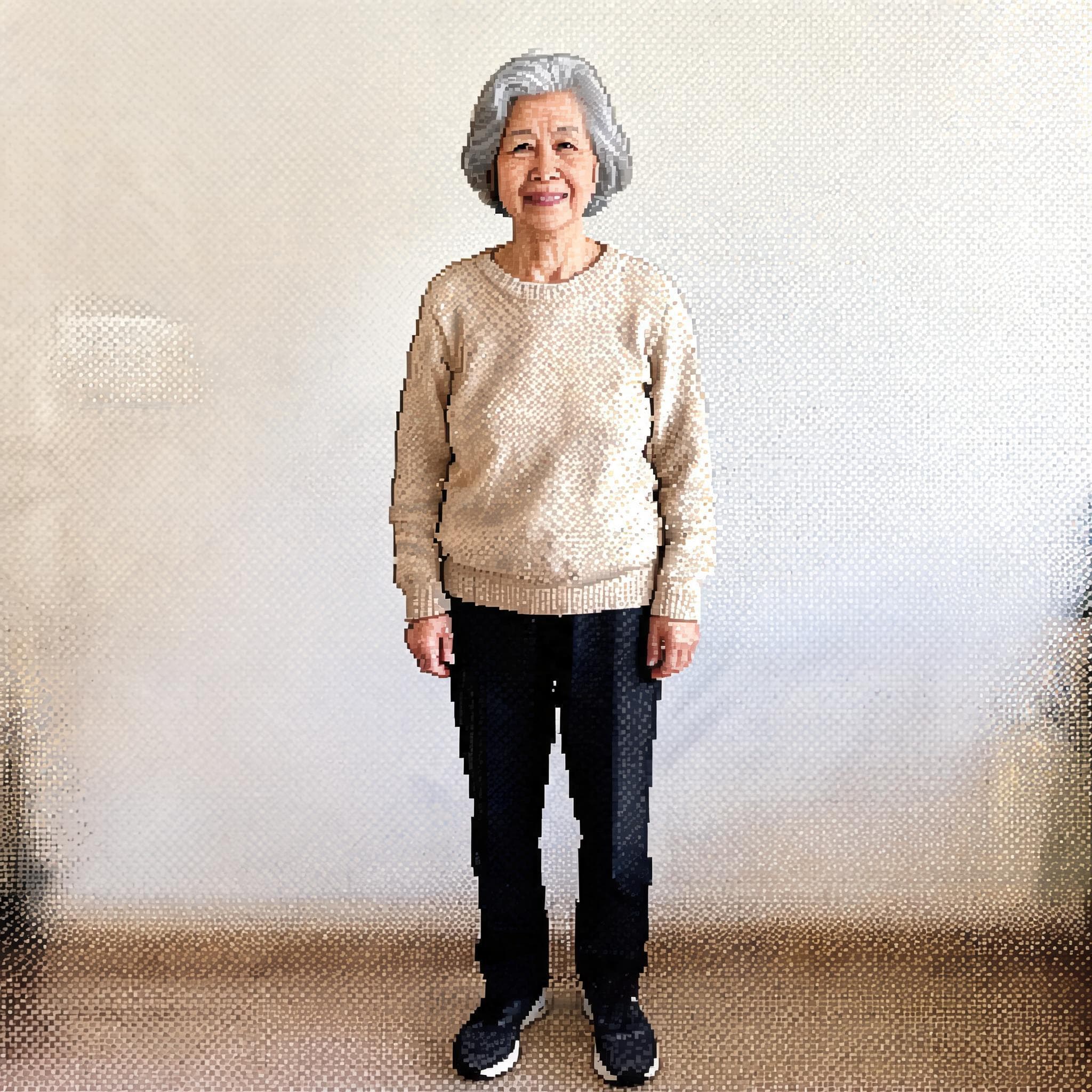 Smiling elderly Asian woman with short grey hair wearing a beige sweater and dark trousers.