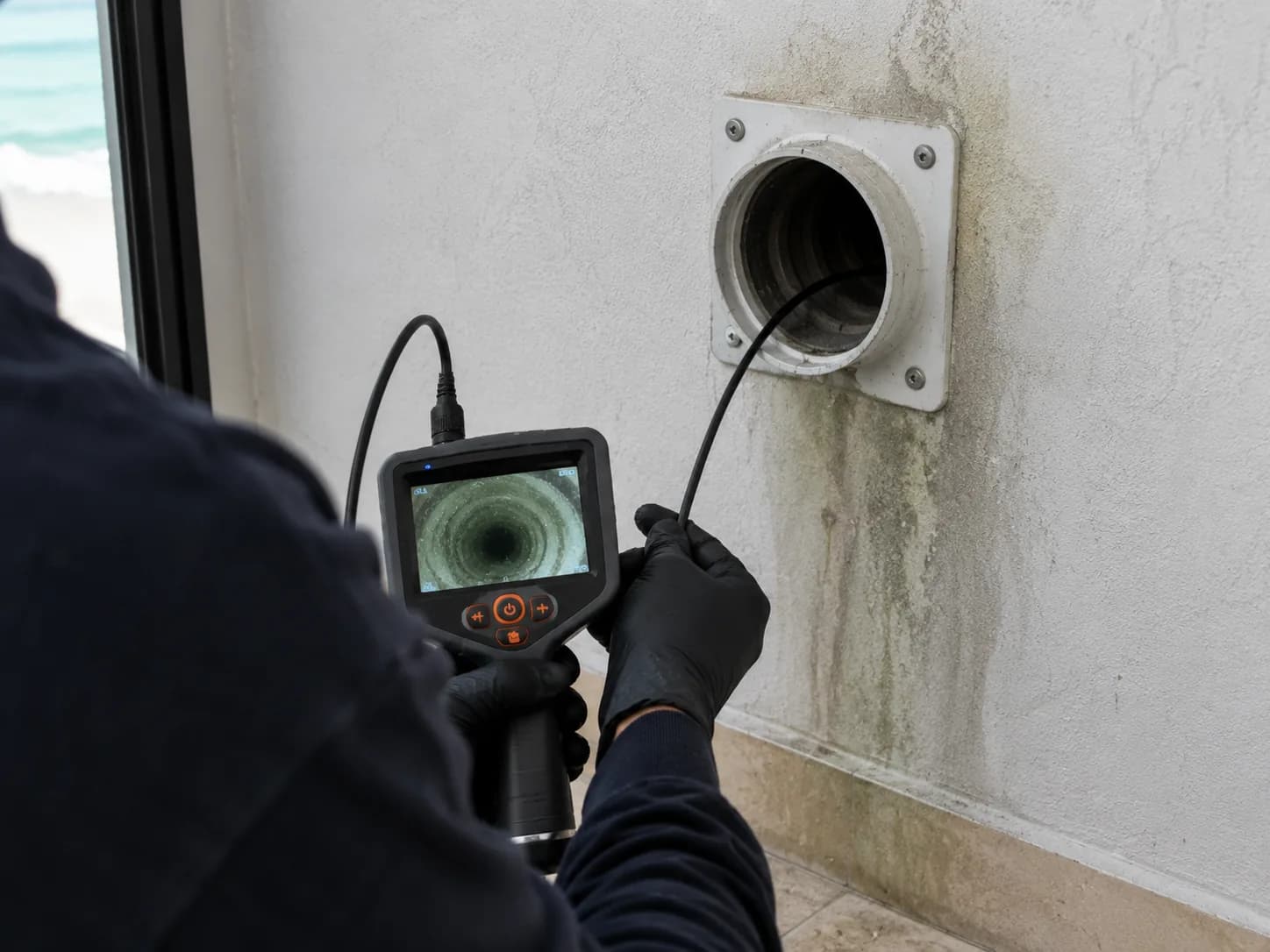 Technician uses a handheld inspection camera to examine the interior of a wall vent pipe.