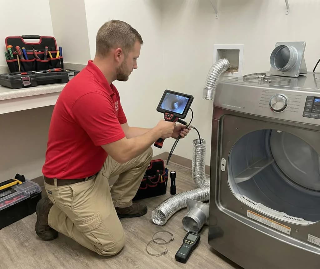Technician uses a handheld inspection camera to examine a flexible silver dryer vent hose.